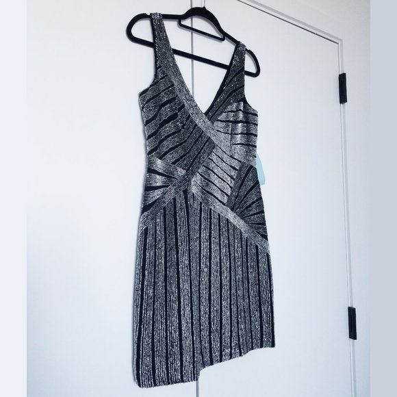 NWT Basix Black Label Sequin Beaded Black and Silver Mini Dress 6 100% Silk - Picture 5 of 5